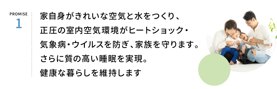 PROMISE1.家自身がきれいな空気と水をつくり、正圧の室内空気環境がヒートショック・気病・ウイルスを防ぎ、家族を守ります。さらに質の高い睡眠を実現。健康な暮らしを維持します