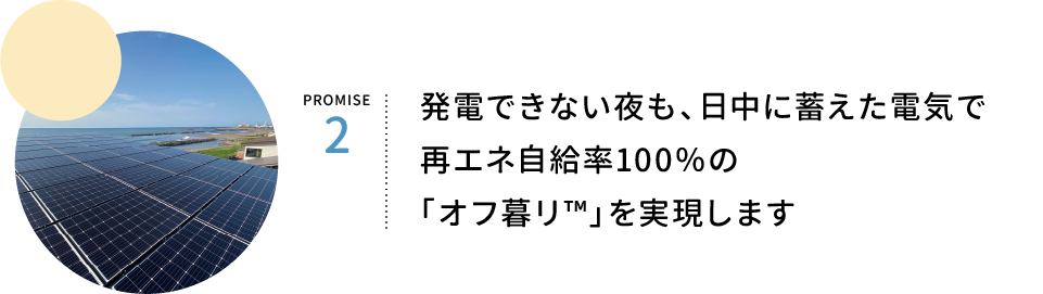 PROMISE2.発電できない夜も、日中に蓄えた電気で再エネ自給率100%の「オフ暮リ™」を実現します