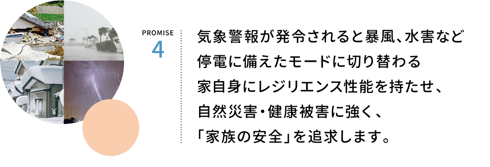 PROMISE4.気象警報が発令されると暴風、水害など停電に備えたモードにスイッチ。レジリエンス性能を持たせ、自然災害、健康被害に強く「家族の安全」を追求します。