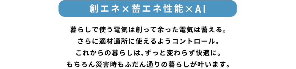 「創エネ&蓄エネ性能&AI」暮らしで使う電気は創って余った電気は蓄える。さらに適材適所に使えるようコントロール。これからの暮らしは、ずっと変わらず快適に。もちろん災害時もふだん通りの暮らしが叶います。